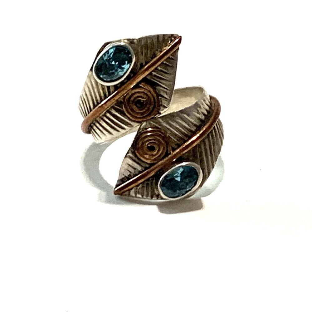 Vintage Silver Tone Copper Swirl Bypass Ring Blue Bezel Set Rhinestones Textured